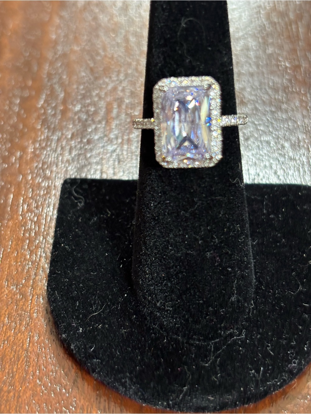 Sparkling Clear Emerald-Cut Halo Ring in Silver Tone. Size 6.